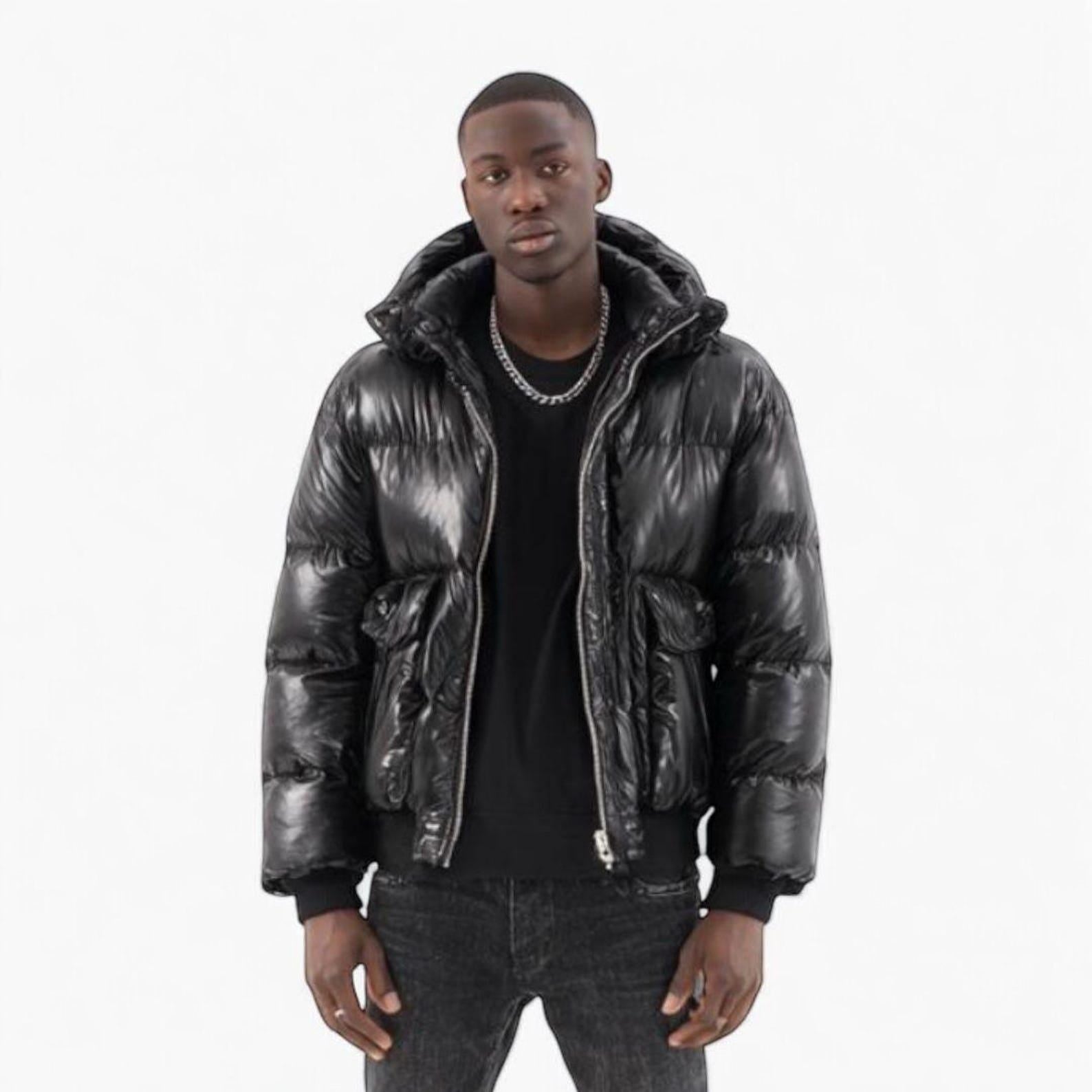 Lambskin Leather Hooded Puffer Jacket: Men's Moto Biker Coat